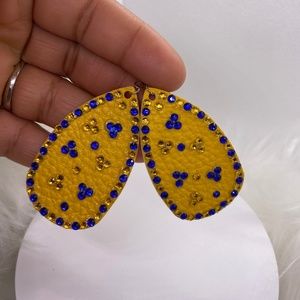 Handmade Faux Leather Teardrop Earrings Covered In Glitter Yellow